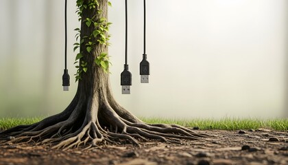 USB Cables Turning into Tree Roots, Grounded Connection to Nature, Sustainable Tech Concept
