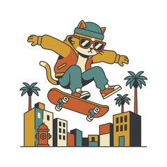 Skateboarding Cat in Retro City Illustration