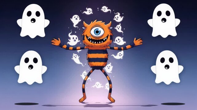 Cute Orange Monster with Ghosts - Animated Halloween Character