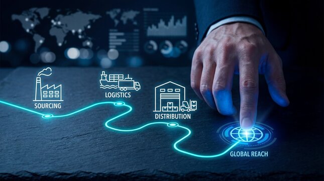 Businessman interacting with global supply chain management interface