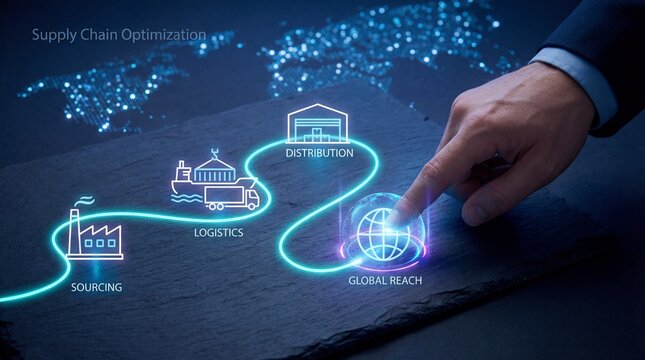 Businessman optimizing global supply chain with modern logistics technology