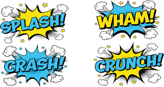 Comic Pop Art Sound Effect Explosion Vector Set with Splash Wham Crash Crunch Text Bubbles for Comics, Stickers, Posters, and Graphic Designs