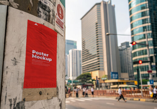 Vertical Street Poster Mockup on Urban Pole with Skyscraper City Background