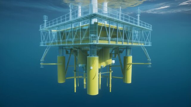 bottom view floating offshore rig structure rising from deep blue waters 3d render