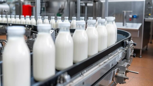 Fresh milk in glass bottles moving along an automated conveyor belt in a modern dairy factory, production line view.