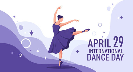 A dancer celebrates International Dance Day on April 29 with a graceful leap against a vibrant purple background from a dynamic viewpoint