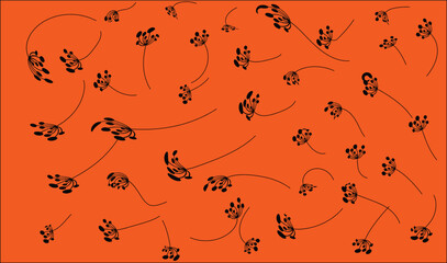 Flowing Black Floral Line Pattern on Orange Background