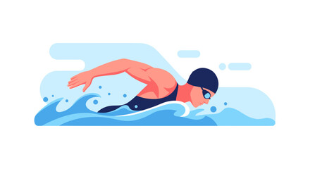 Fototapeta premium A male swimmer in a cap glides through the water with a powerful stroke, viewed from the side in a dynamic illustration.