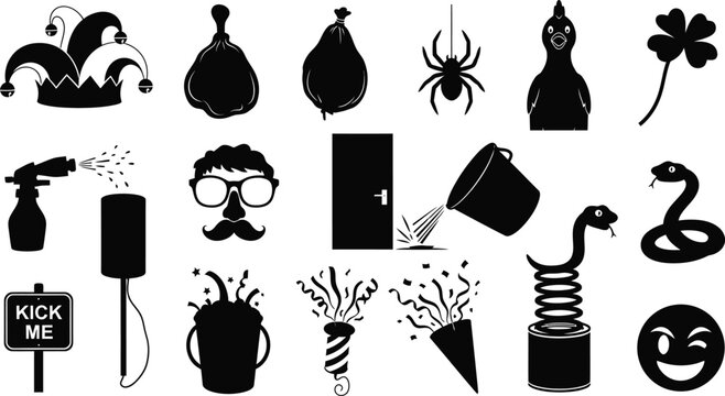 Collection of whimsical black silhouette icons on white background