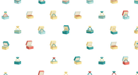 Seamless pattern of assorted engagement rings in decorative boxes, flat design vector art