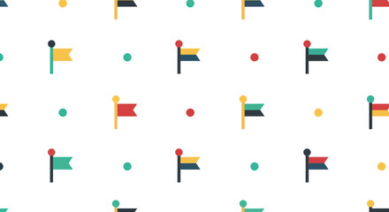 Colorful small flags and dots arranged in a repeating pattern on a white background.