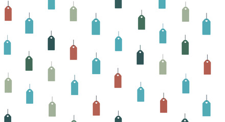 Scattered retail price tags in muted colors on a white background, flat design vector.