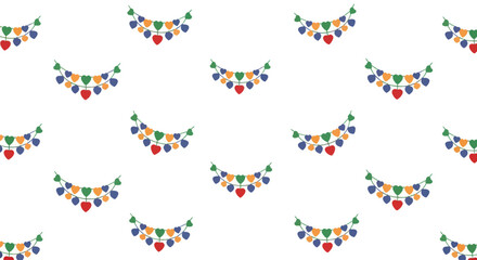 Seamless pattern of colorful heart-shaped garlands on a white background