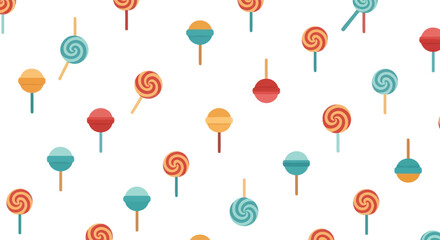 Colorful swirled and round lollipops scattered on a white background, flat design vector.