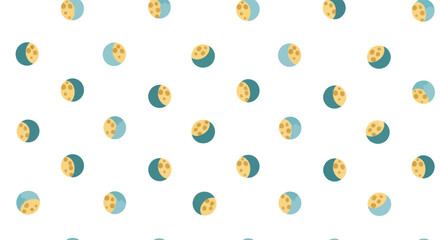 Repeating pattern of moon phases in yellow and teal on white background, flat design vector