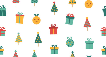 Vector pattern of colorful Christmas trees, gift boxes, and ornaments on a white background.