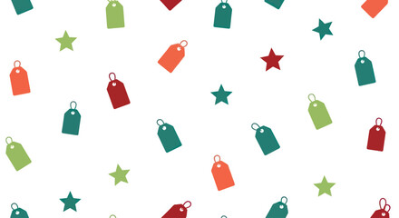 Seamless pattern of colorful gift tags and stars on a white background. Flat design vector.