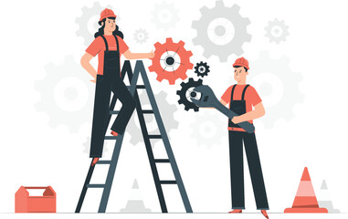 Two technicians collaborating on complex machinery repair standing on ladder and holding mechanical parts