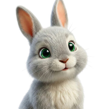 3D render of cute white rabbit head with green eyes and fluffy fur, isolated on white background
