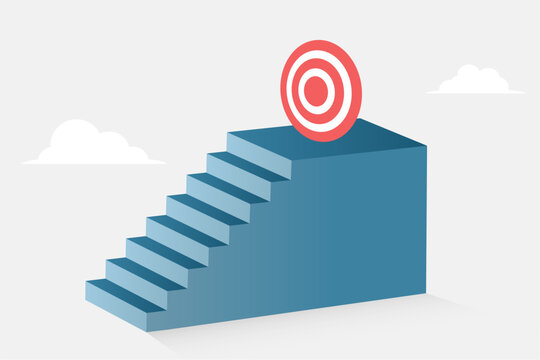 3d rise up stairs leading towards business target concept background with clouds