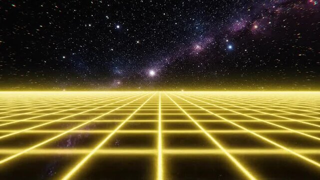 Abstract glowing yellow grid receding into starry galaxy background