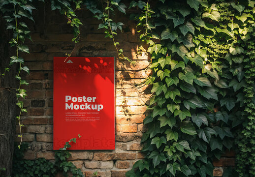 Vertical Poster Mockup on Brick Wall Covered with Green Plants in Outdoor Setting