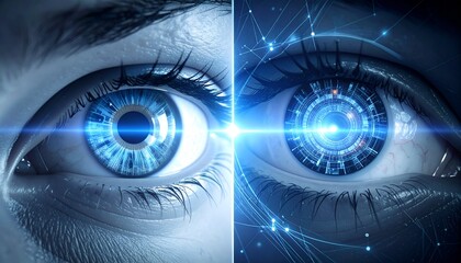 Close-up view of eyes, one organic and the other a complex, glowing cybernetic eye with intricate circuitry