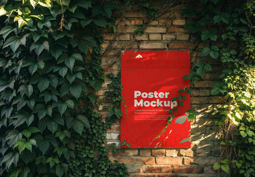 Vertical Poster Mockup Mounted on Rustic Brick Wall with Green Ivy Background