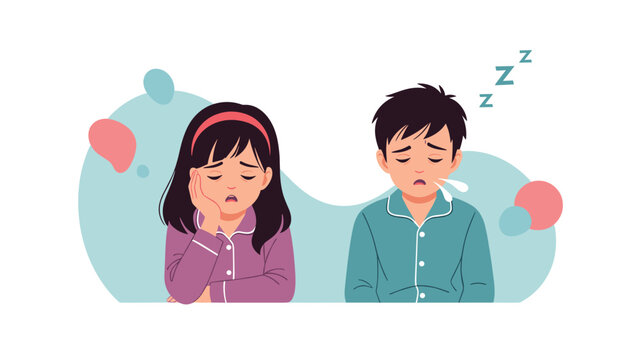 Two tired young children wearing pajamas looking very sleepy and exhausted as one boy yawns with sleep symbols floating near his head.