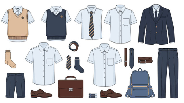Comprehensive set of male school uniform components including shirts, blazers, vests, ties, shoes, a backpack, and a leather briefcase.