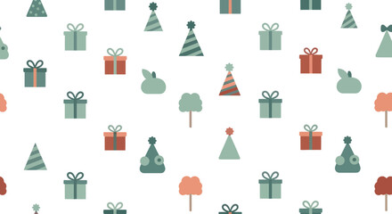 Seamless pattern of flat design gift boxes, party hats, and trees on white background.