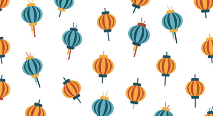 Colorful Chinese lanterns with a playful, scattered pattern on a white background