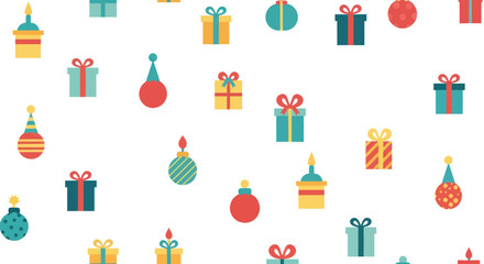 Flat design illustration of colorful gift boxes and party hats scattered on a white background.