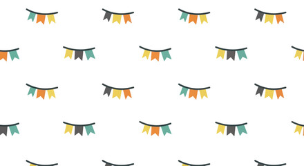 Repeating pattern of colorful triangular flags on strings, simple flat design.