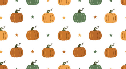 Autumnal pumpkin pattern with stars on white background, flat design vector illustration.