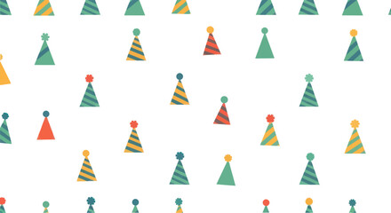 Repeating pattern of colorful striped party hats on a white background, flat design.