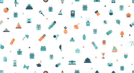 Flat design icons of gifts, food, and tools scattered on a white background, vector illustration.