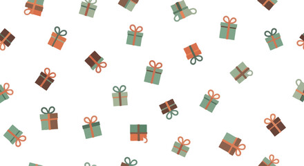 Scattered gift boxes with ribbons and bows on white background, flat design vector