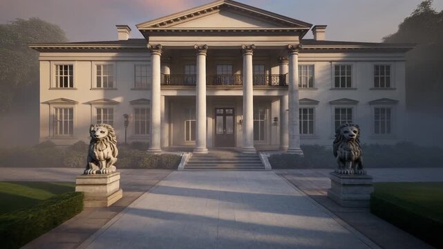 Grand Neoclassical Mansion with Majestic Lion Statues, Columns, and Driveway at Dawn