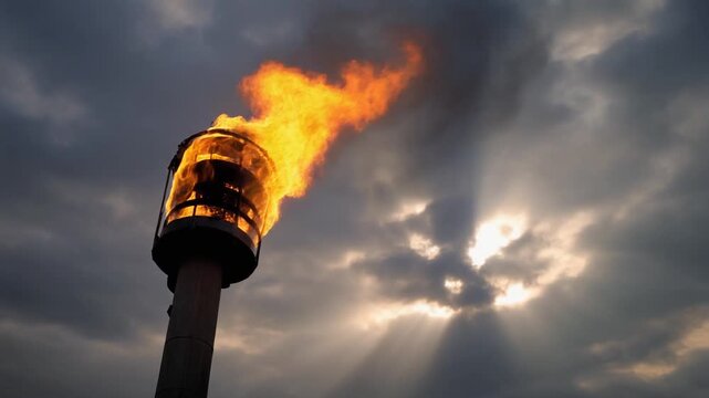 Bright flame from an industrial gas flare stack against a dramatic, cloudy sky with sun rays