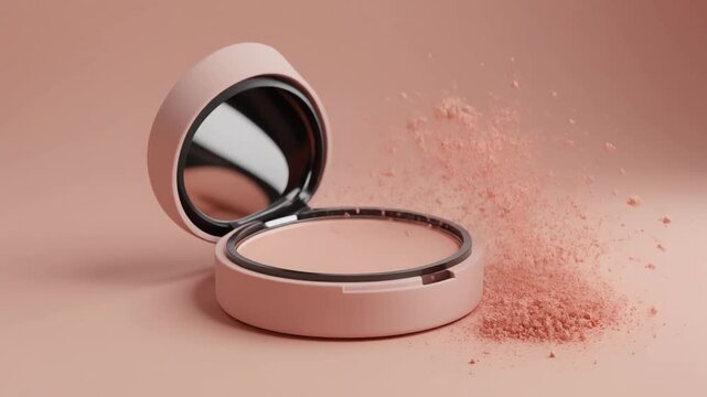 Pink Compact Makeup Powder Case Opening with Cosmetic Powder Spilling Out