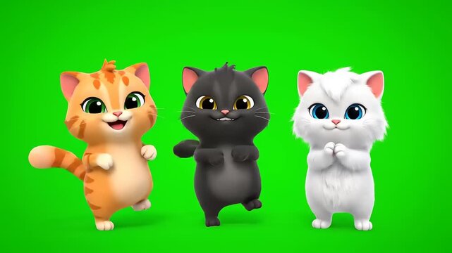 Three cute cartoon kittens dancing and playing on a green screen background