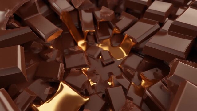 Chocolate Bar Breaking Apart to Reveal Molten Gold Liquid, Delicious Dessert Concept
