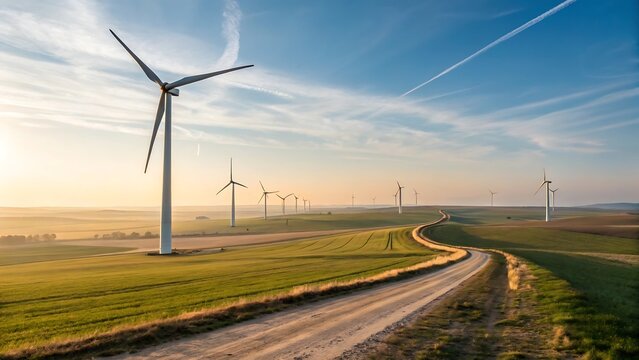 Panoramic view of wind turbines stretching across green fields and rural road under clear sky at dawn