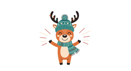 Happy little reindeer wearing a green knitted hat and scarf stands with open arms against a clean white background.