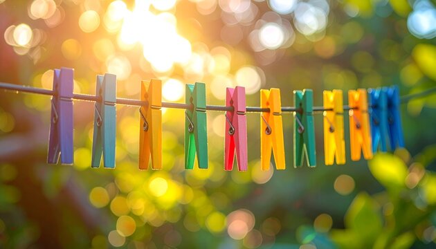 Colorful clothes pins on a line with bokeh sunlight and greenery, shot outdoors