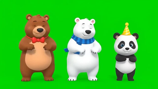Three cute cartoon bears, a brown bear, a polar bear, and a panda bear, standing and clapping on a green screen background