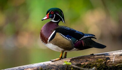 Colorful duck perched on a log with blurred green backdrop, showcasing its vibrant plumage