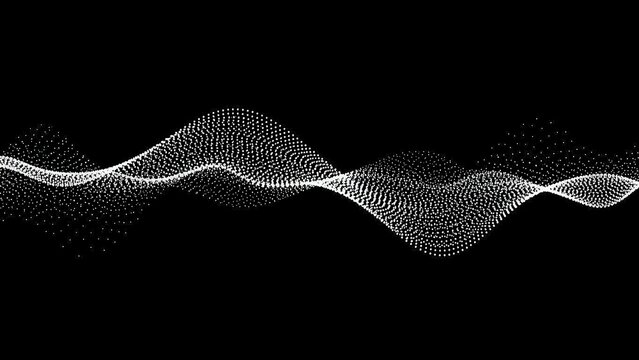 Abstract digital wave pattern composed of numerous small white dots flowing across a dark black background, representing data or sound visualization.
