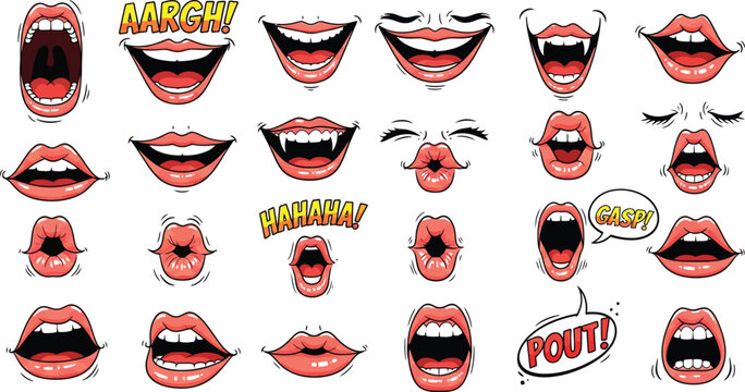 Cartoon comic book style mouths and lips expressions smile laugh scream